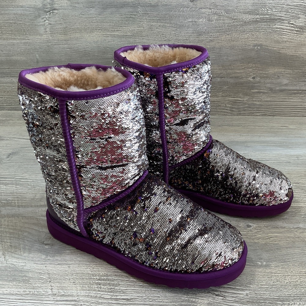 Ugg 1002978 Australia Womens 9 US Classic Short Sequin Boots Purple Silver RARE